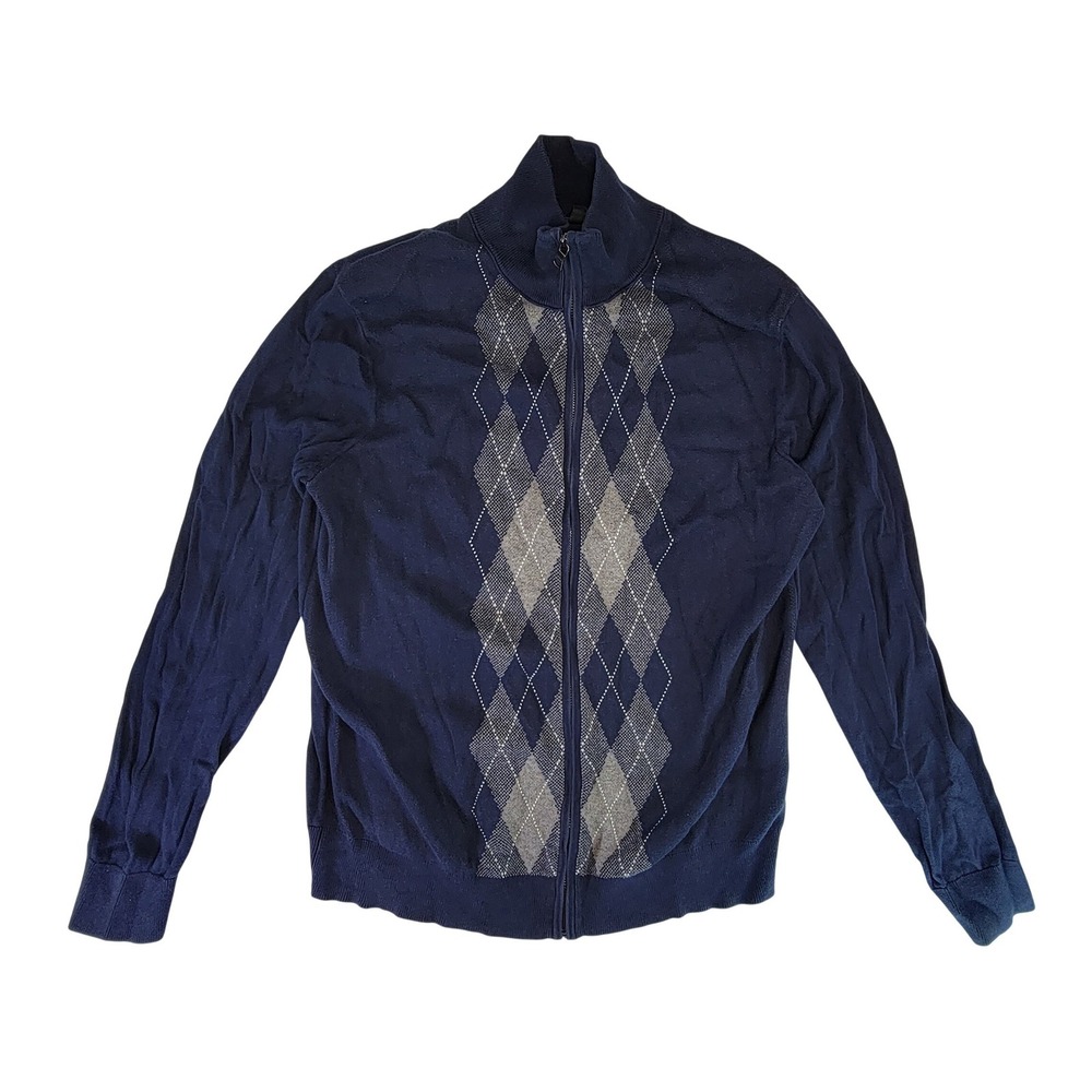 Banana Republic Men's Navy Blue Argyle Full Zip Mock Neck Sweater Size L